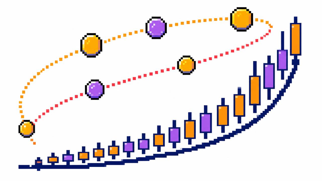 Pixel bonding curve of orange candlesticks rising to the token sphere