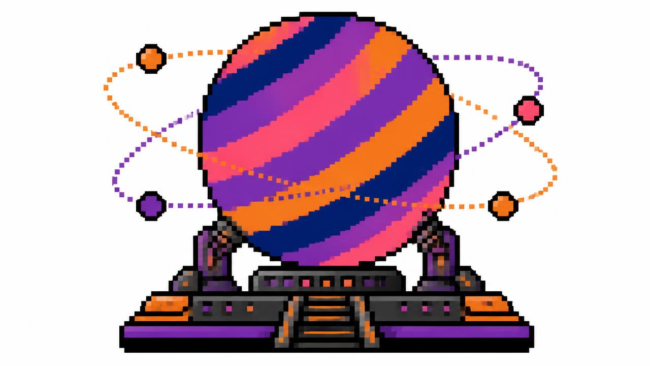 Pixel-art launch gantry lifting the striped StockLaunch token sphere