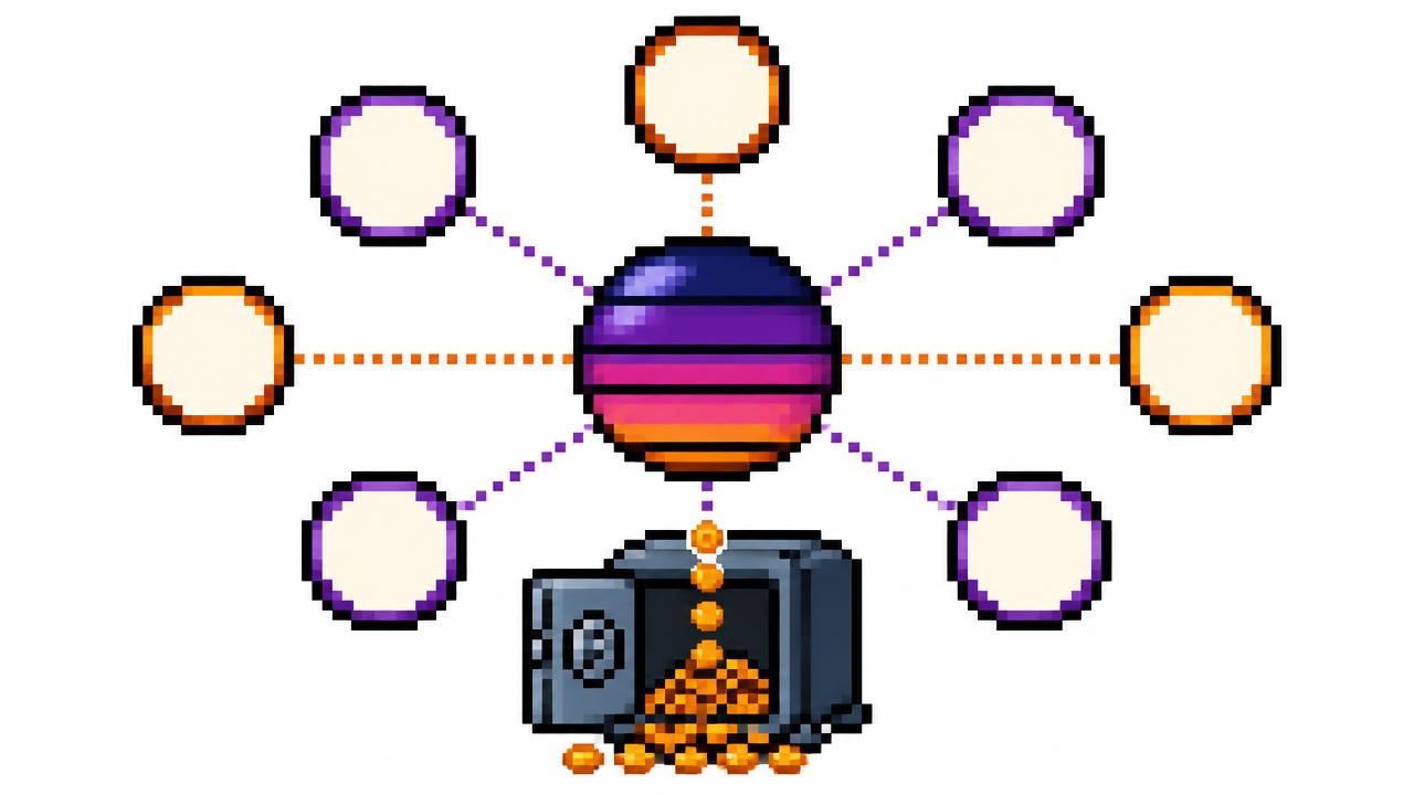Token sphere piped to stock tiles, fees pouring into a pixel vault